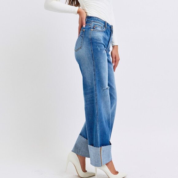 NEW Judy Blue Full Size Distressed High Waist Wide Leg Jeans - Picture 3 of 9